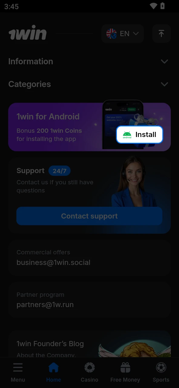 Go to the 1Win app download section for Android.