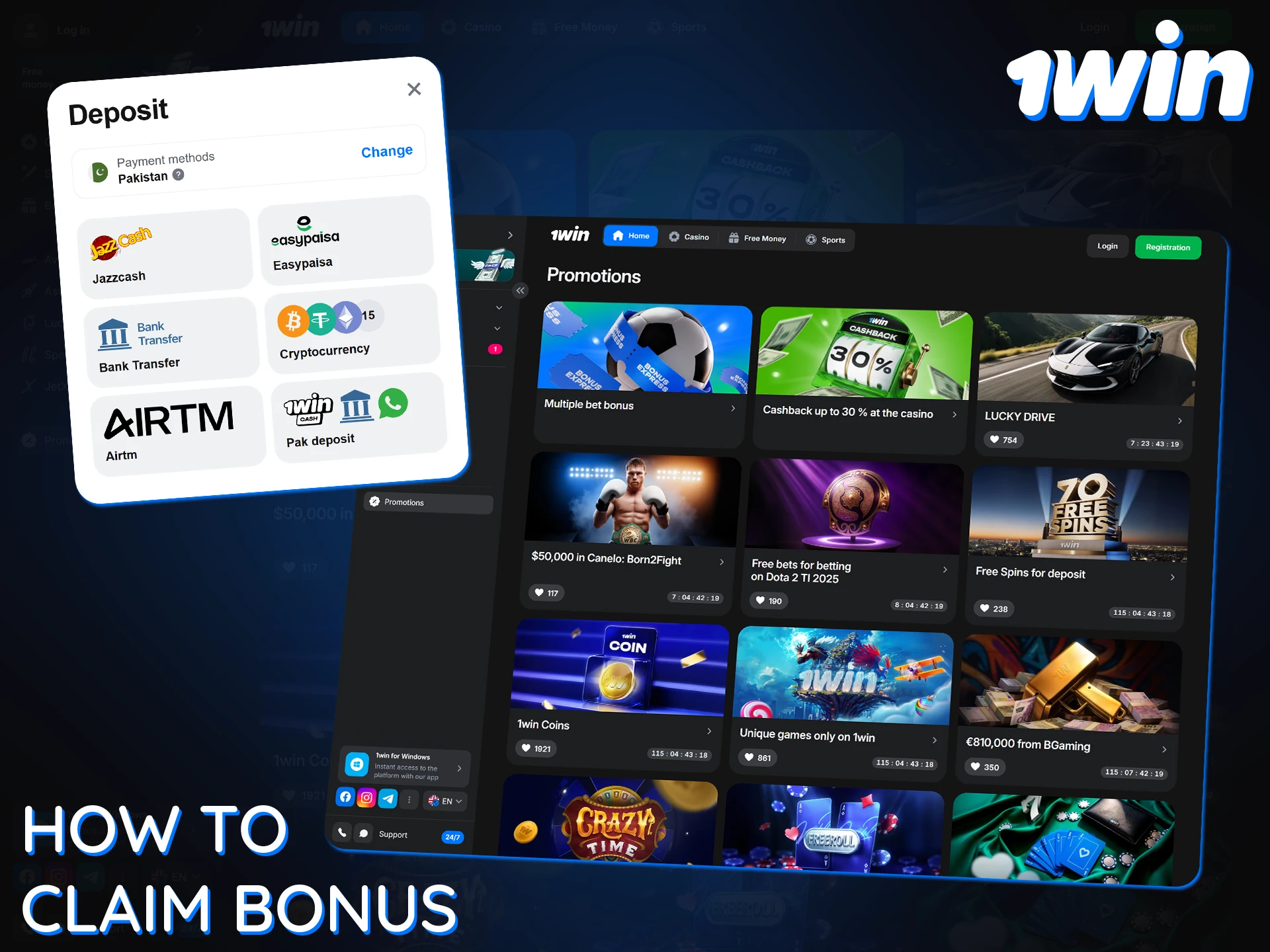 Follow the instructions to easily get bonuses at 1Win.