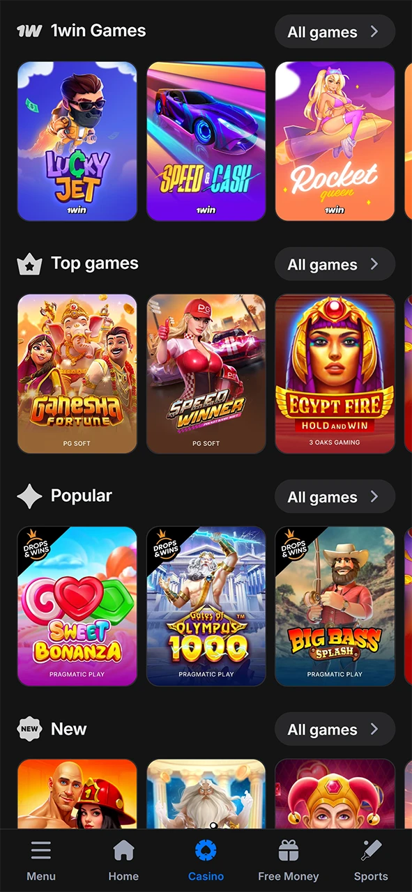 Select a game in the 1Win casino section.