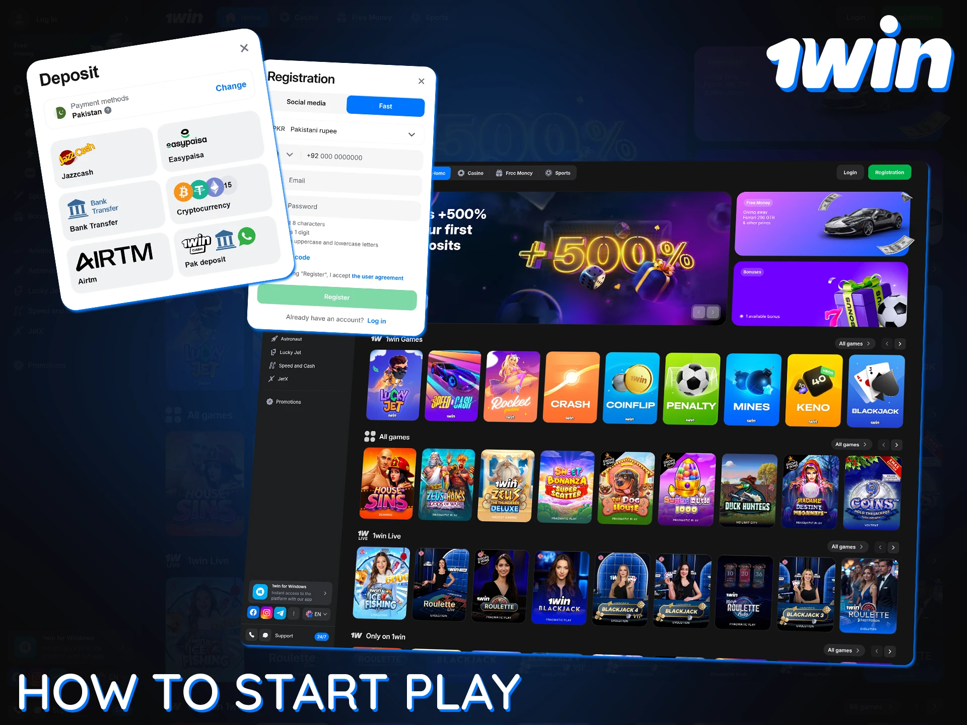 Create a 1Win account, top up your balance to start playing and placing bets.
