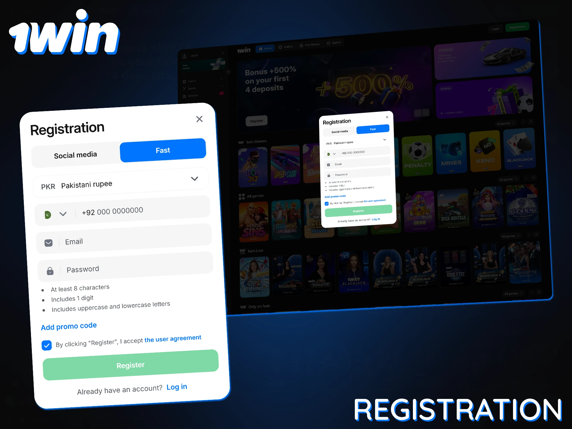 Pakistani users can register on 1Win by phone or social media to start playing.