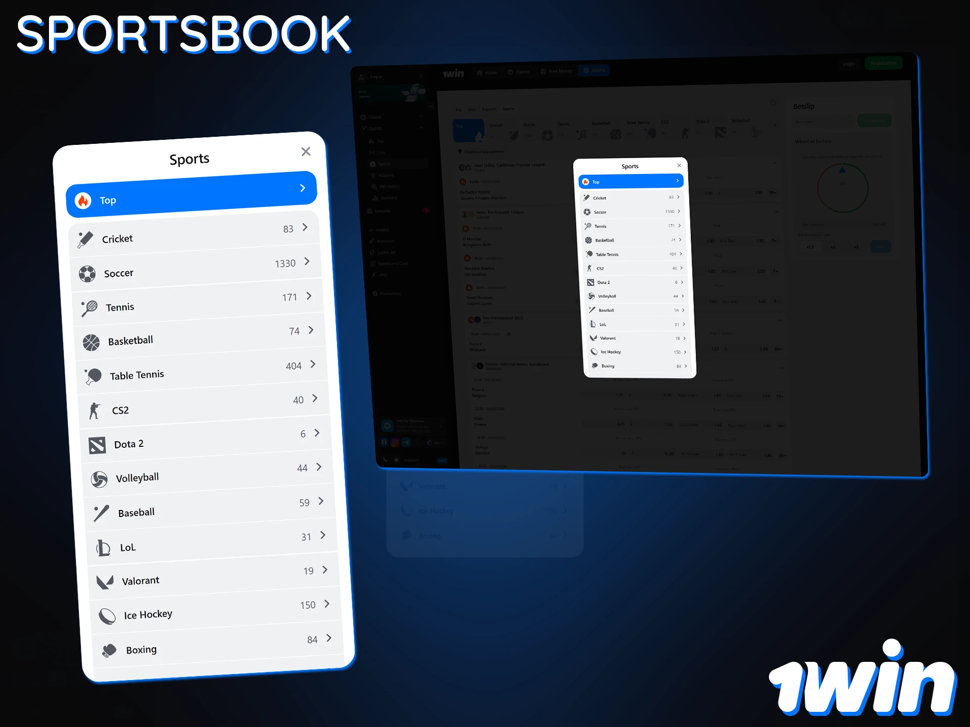 1Win's sportsbook offers many sports with diverse betting markets.