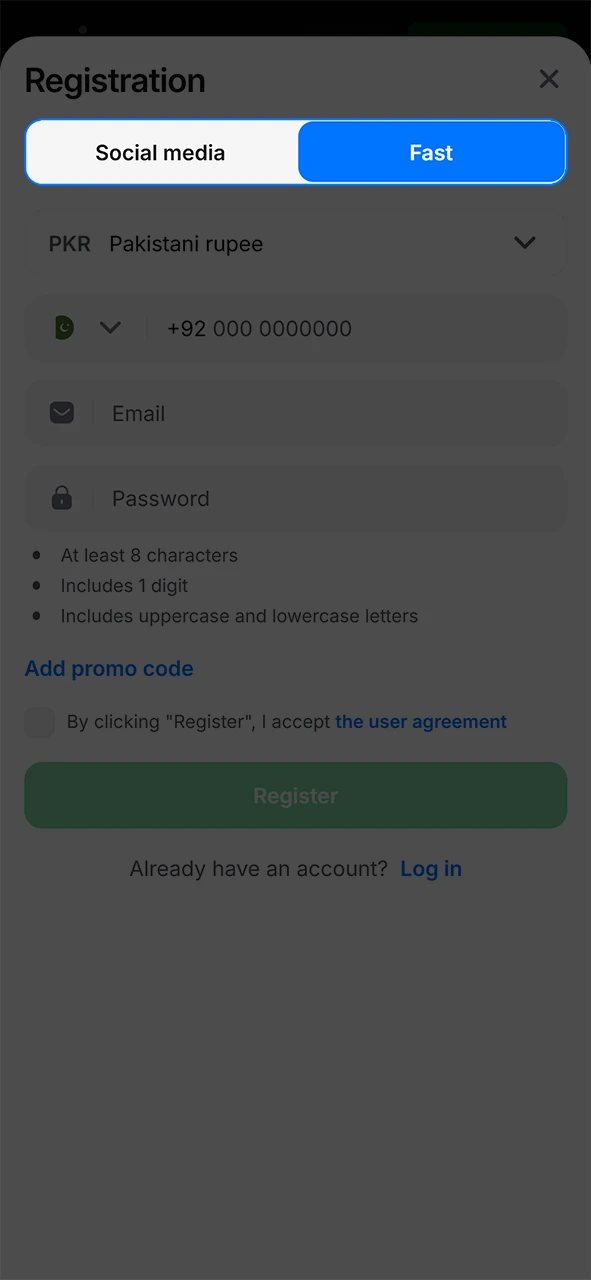 Select a convenient method for creating a 1Win account.