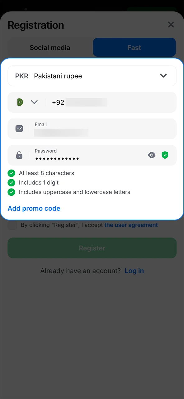 Fill in the information required to register with 1Win.