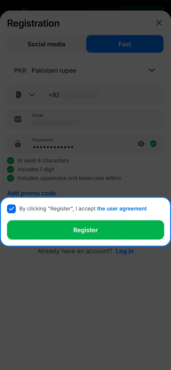Complete the registration of your 1Win account.