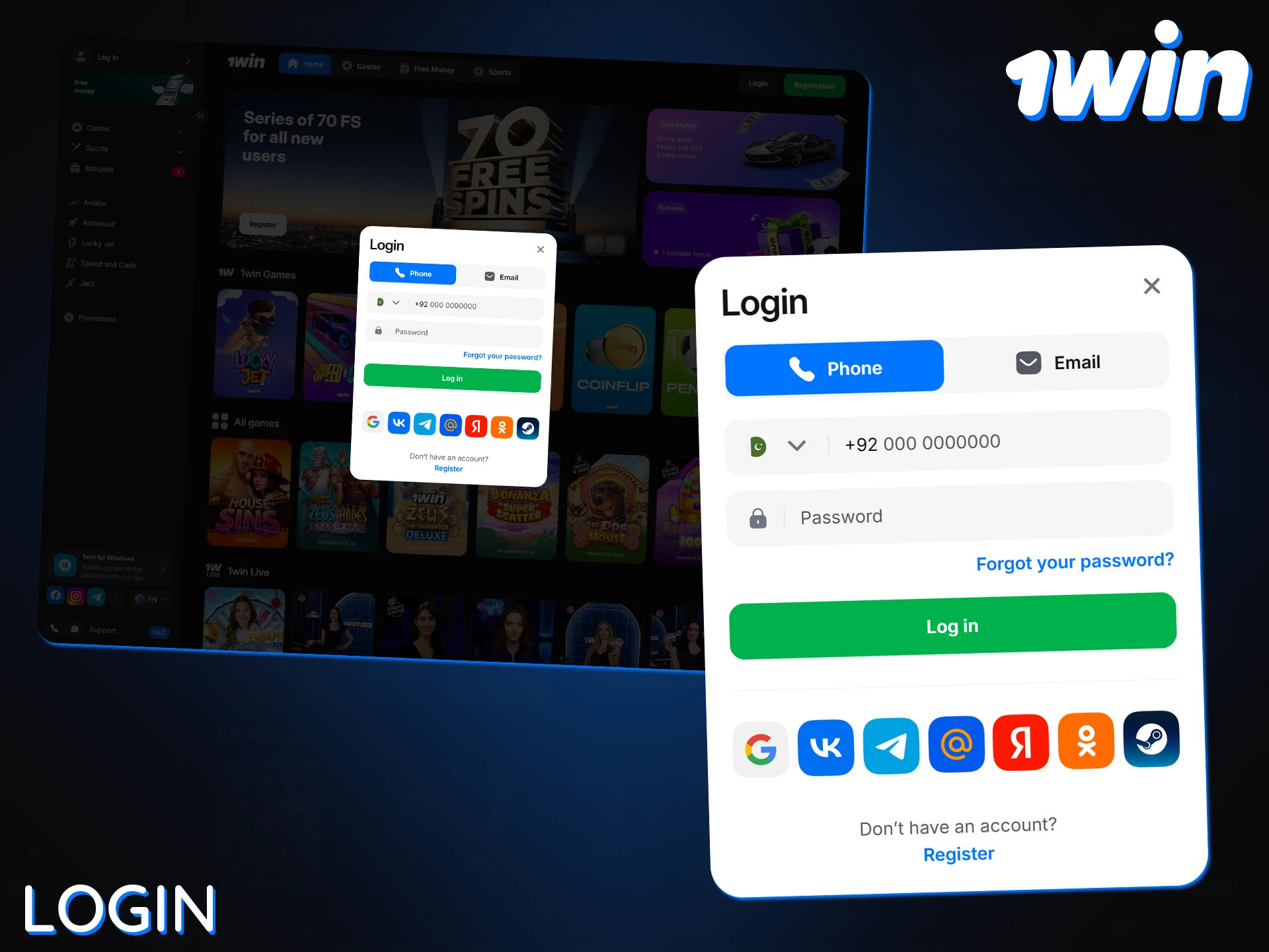 Log in to your 1Win account using your email or phone and password.