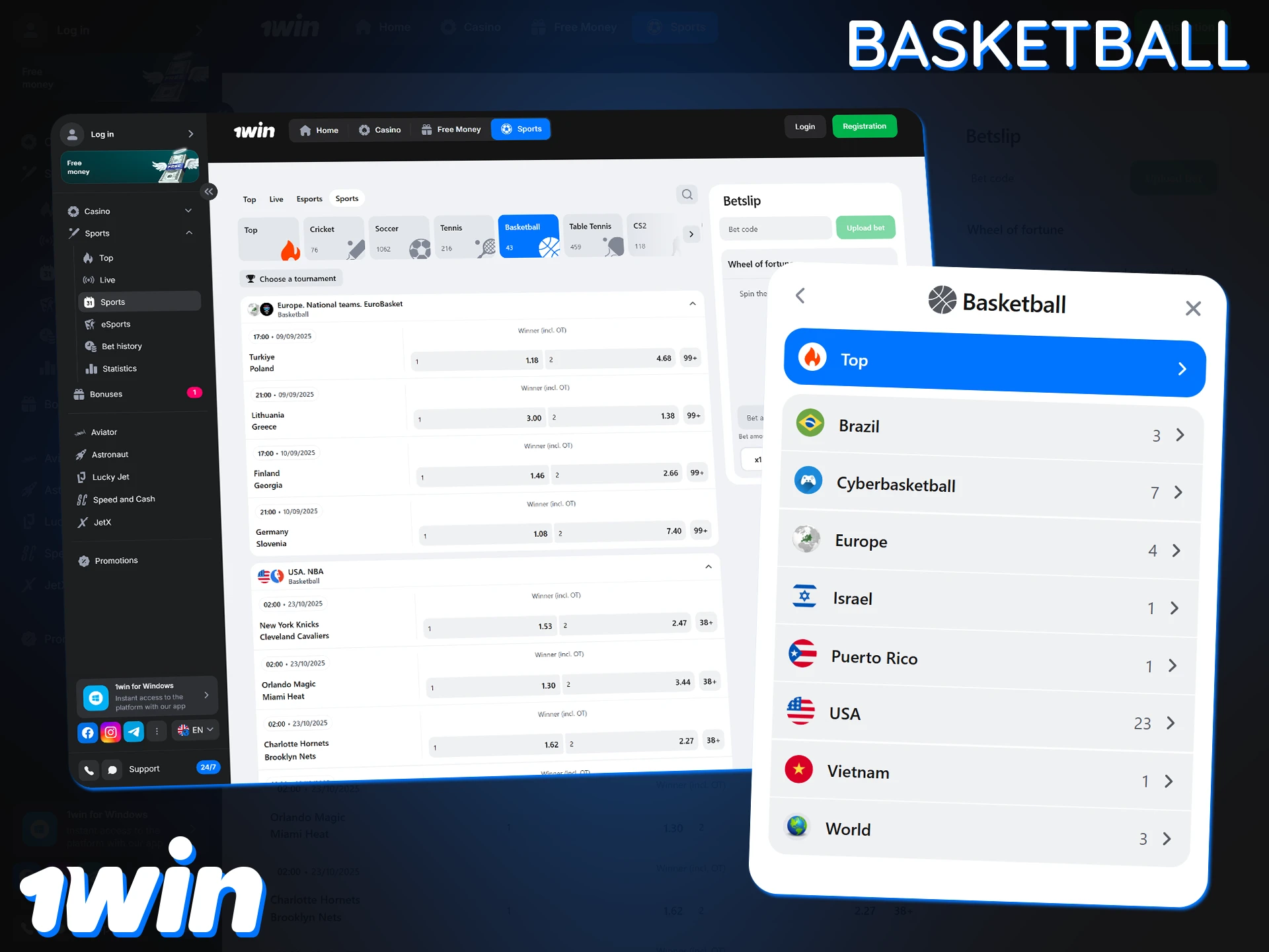 1Win offers a wide range of basketball leagues for betting.