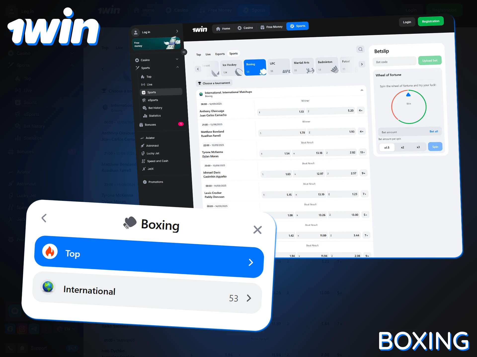 At 1Win, you can place bets on professional and amateur boxing matches.