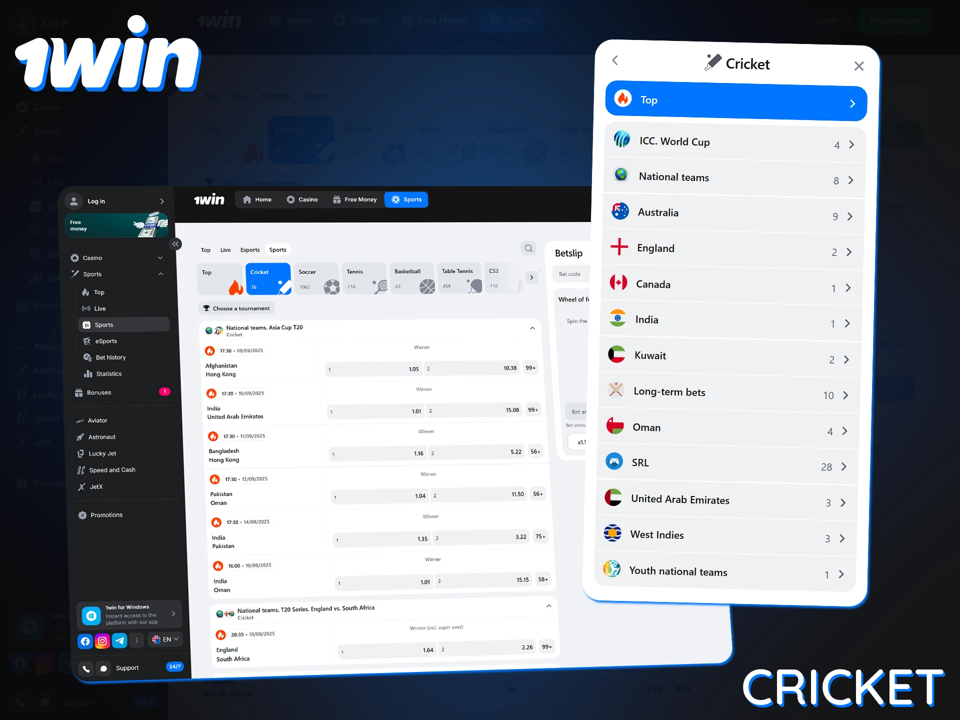Bet on popular national and international cricket matches at 1Win.