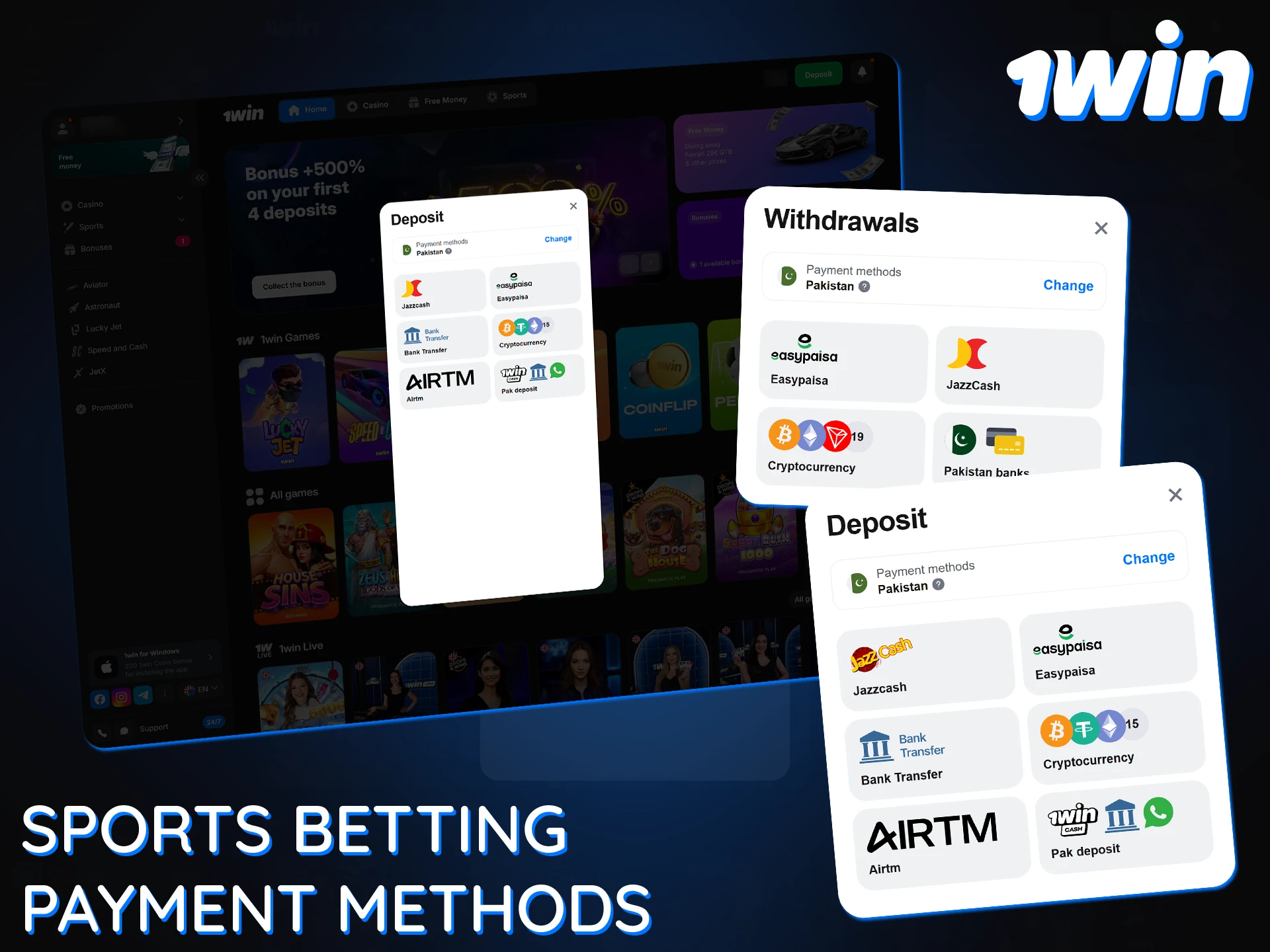 Pakistani users can quickly and securely deposit and withdraw funds from 1Win.