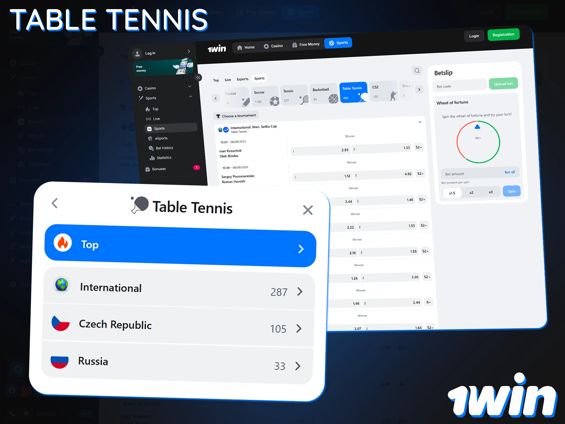 Bet on popular table tennis tournaments at 1Win.