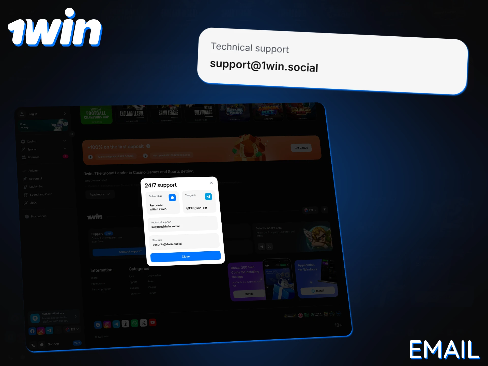 For detailed support, email 1Win with your issue.