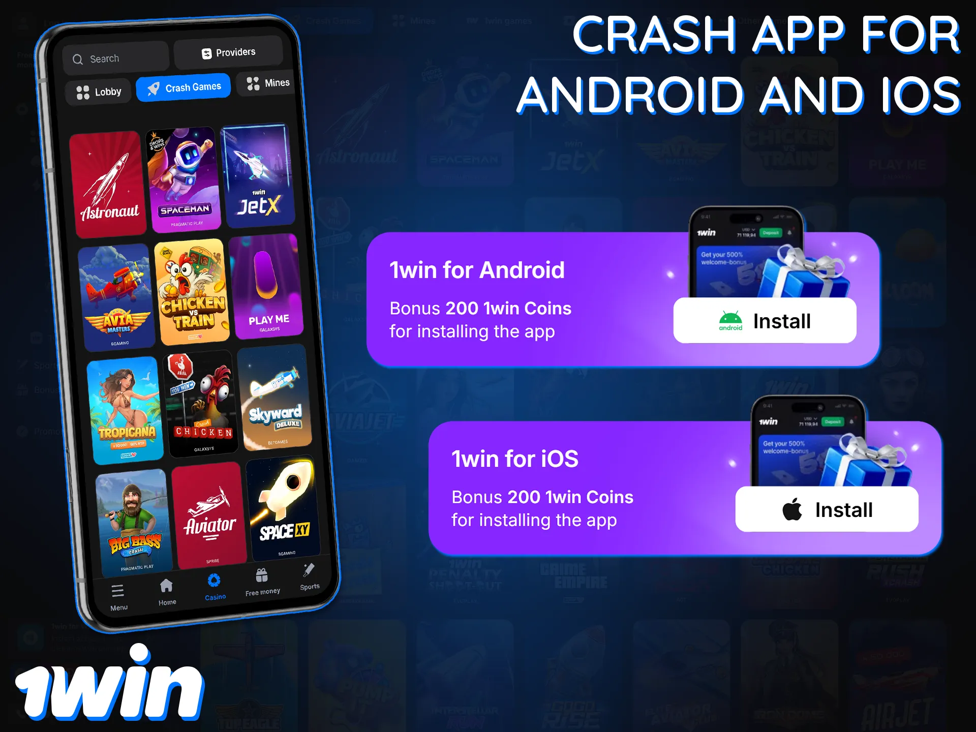 Play crash games on your mobile device in the 1win app for Android and iOS.