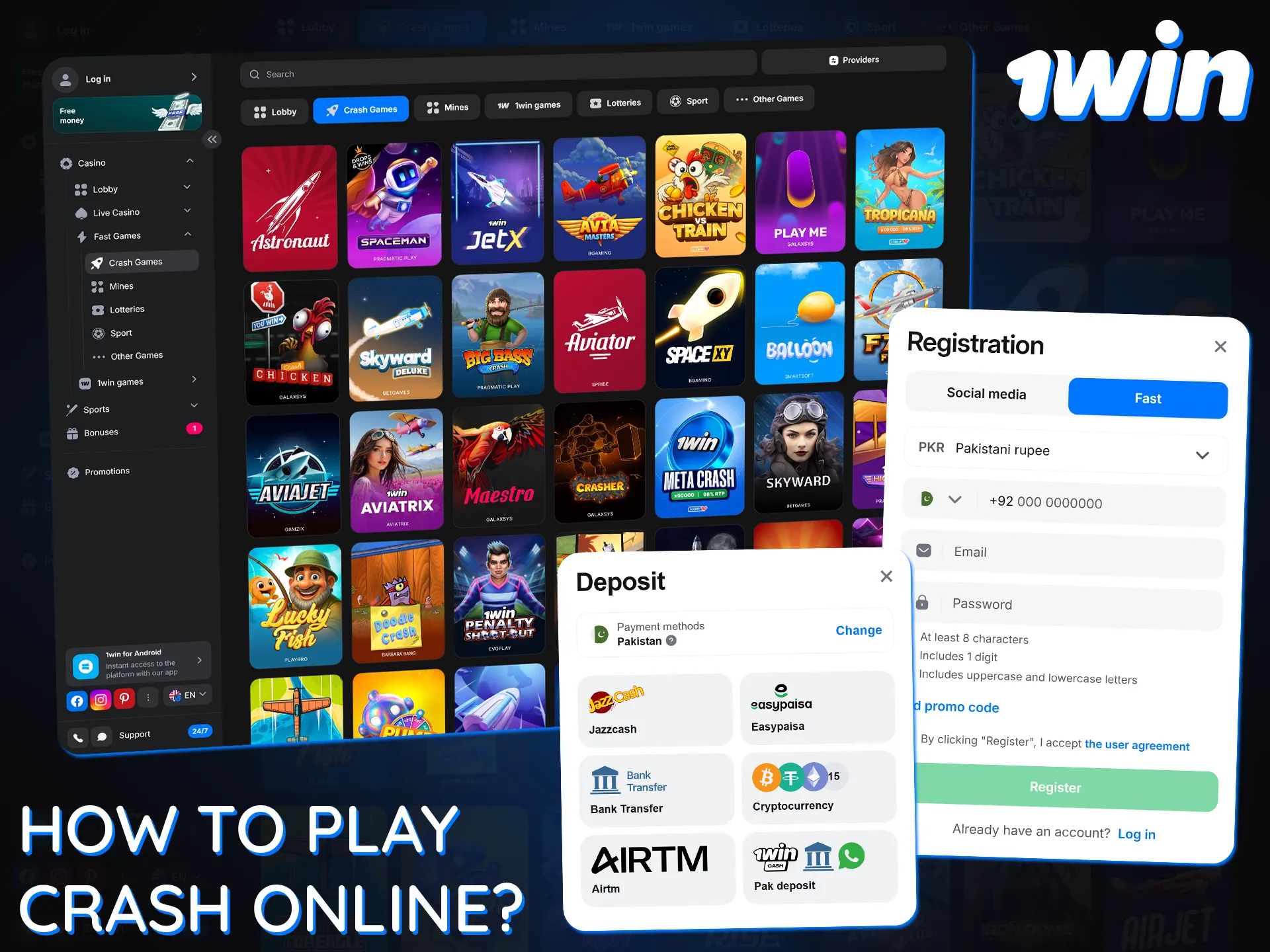 Create a 1win account, find the crash game you want, and top up your account to play for real money.