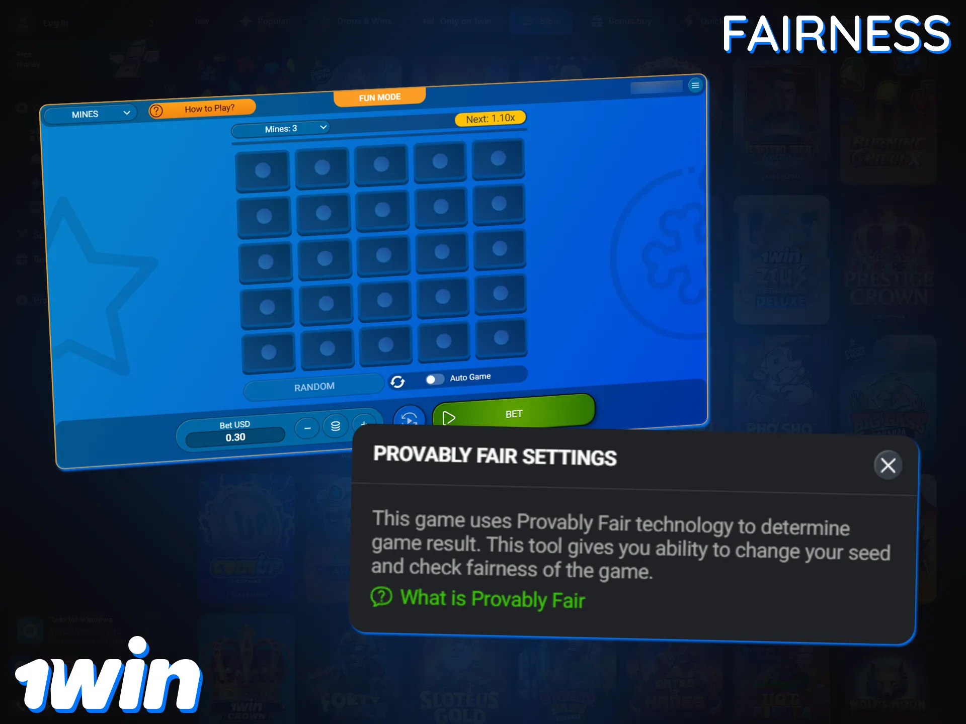 1Win Mines ensures fair results using Provably Fair and RNG.