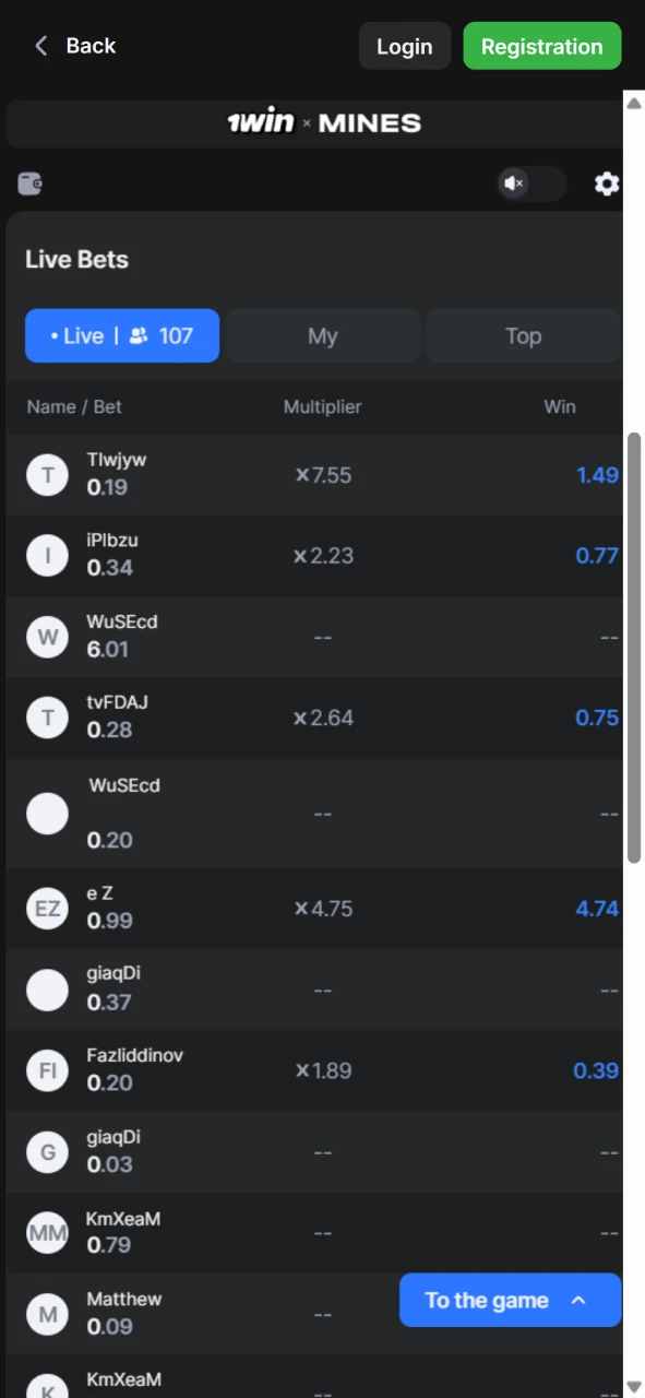 Track live bet history for Mines on 1Win in Pakistan.