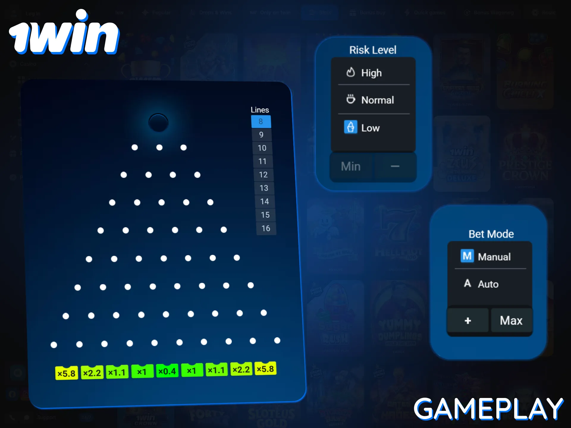 Set your stakes and risk level and watch the balls fall in Plinko at 1win.