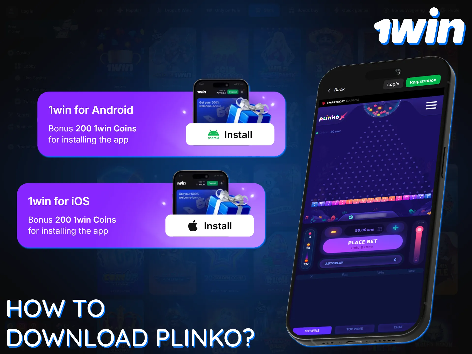 Play Plinko in the 1win app for Android and iOS.
