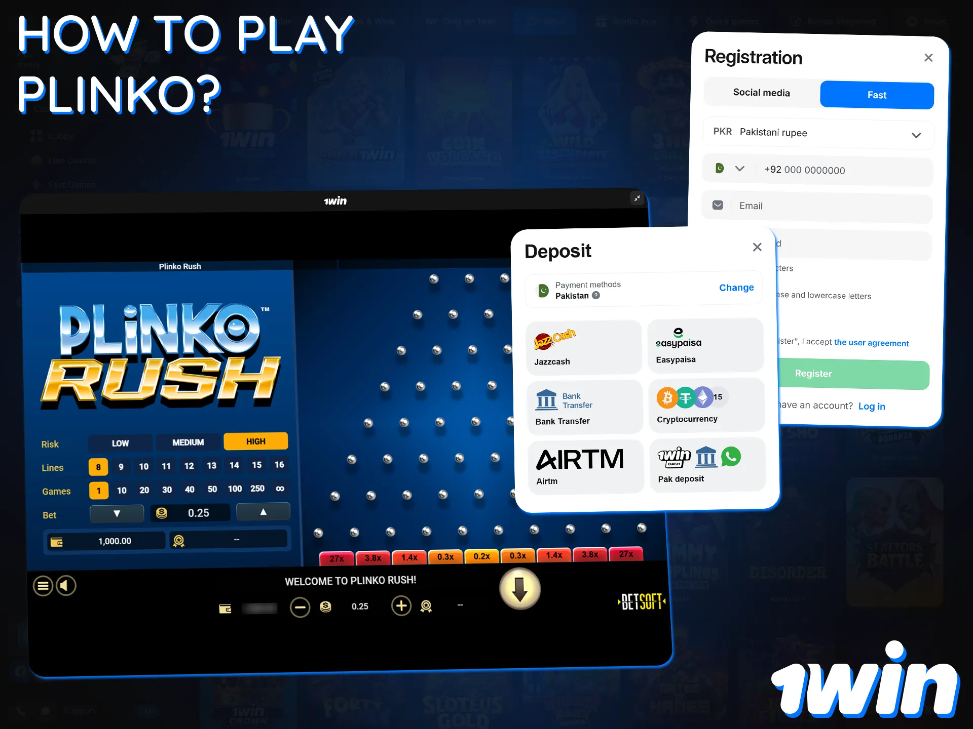 Register, make a deposit and start playing Plinko at 1win.