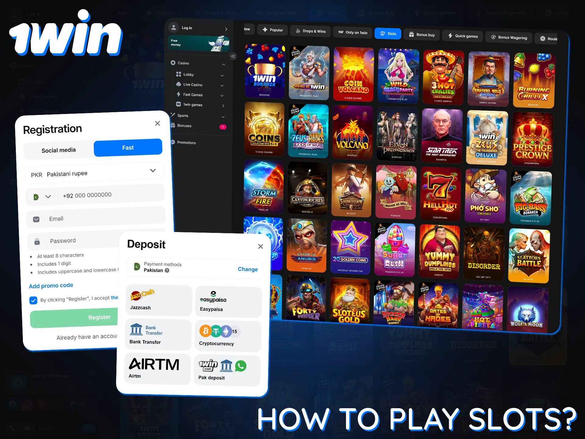 Create your 1win account and top it up to start playing slots.